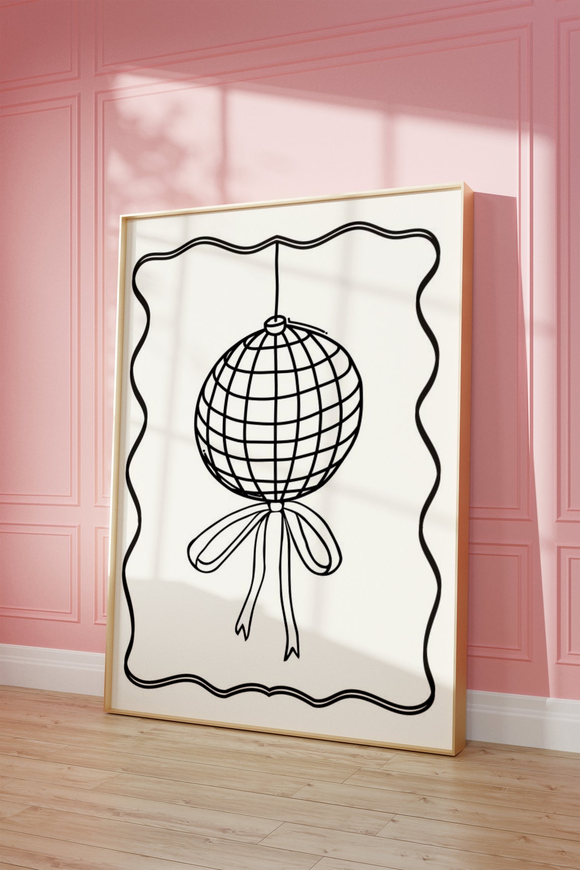 Black Disco Ball Bow Fine Line Drawing Trendy Minimalist Wall Art - Image 2
