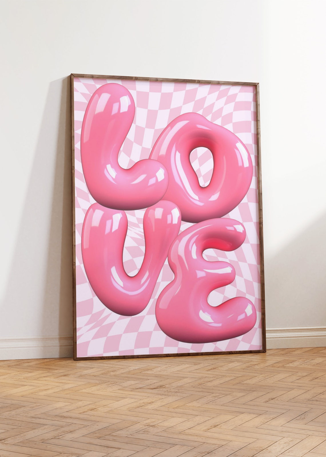 Pink Love Bubble Letters 3D Checkered Background Funky Y2K Poster