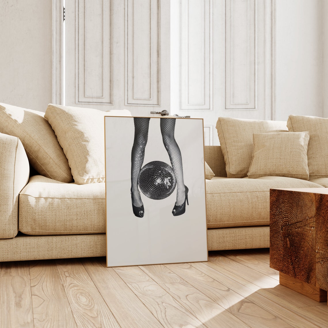 Disco Ball Between Fishnet Heels Black White Party Photo Wall Art - Image 3