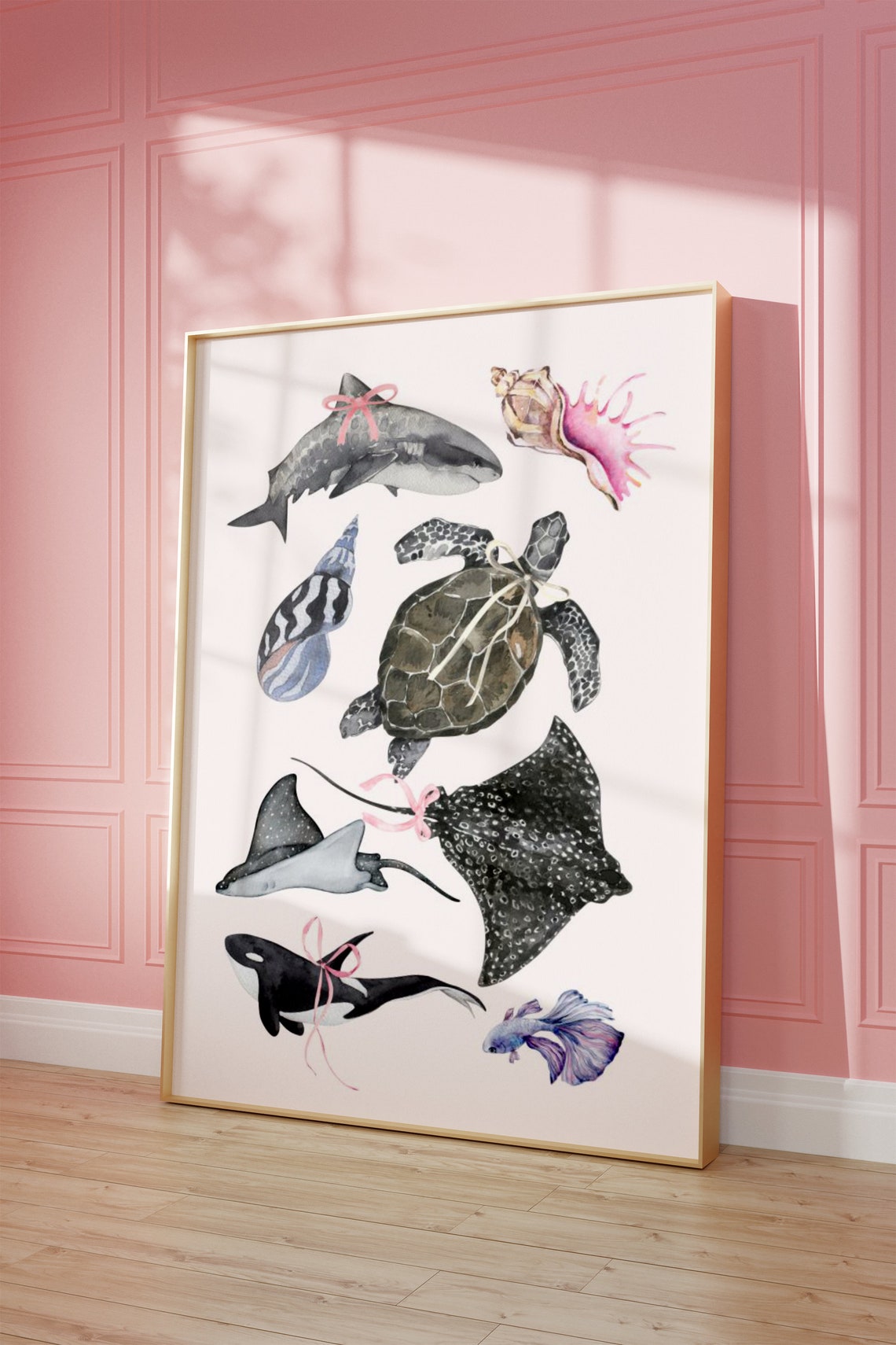 Cute Shark Turtle Orca Watercolor Bow Vertical Coastal Wall Art - Image 4