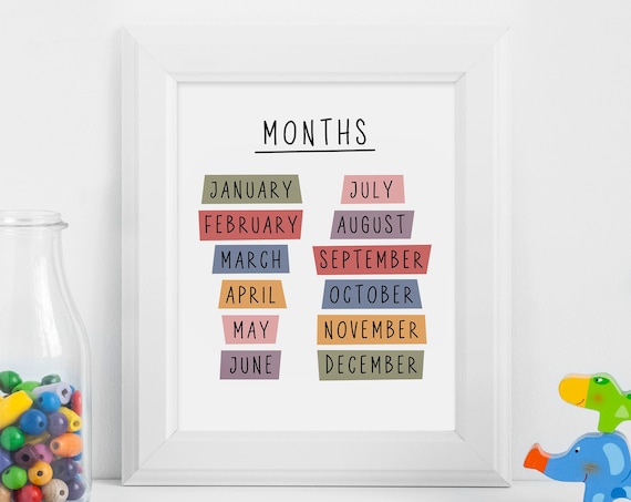 Months of the Year Colorful Labels Educational Kids Classroom Poster