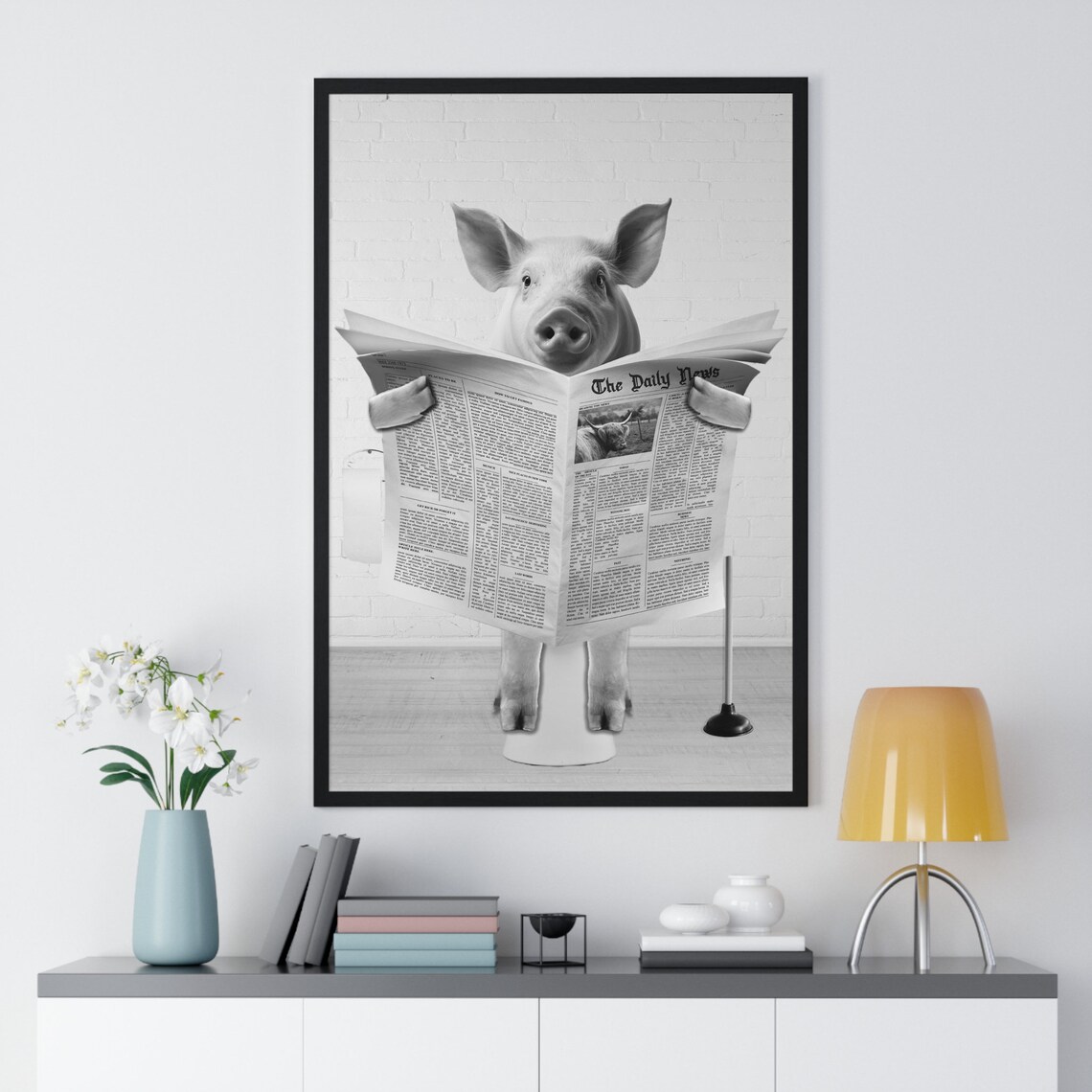 Cheerful Pig Reading Newspaper on Toilet Funny Bathroom Decor Poster - Image 2