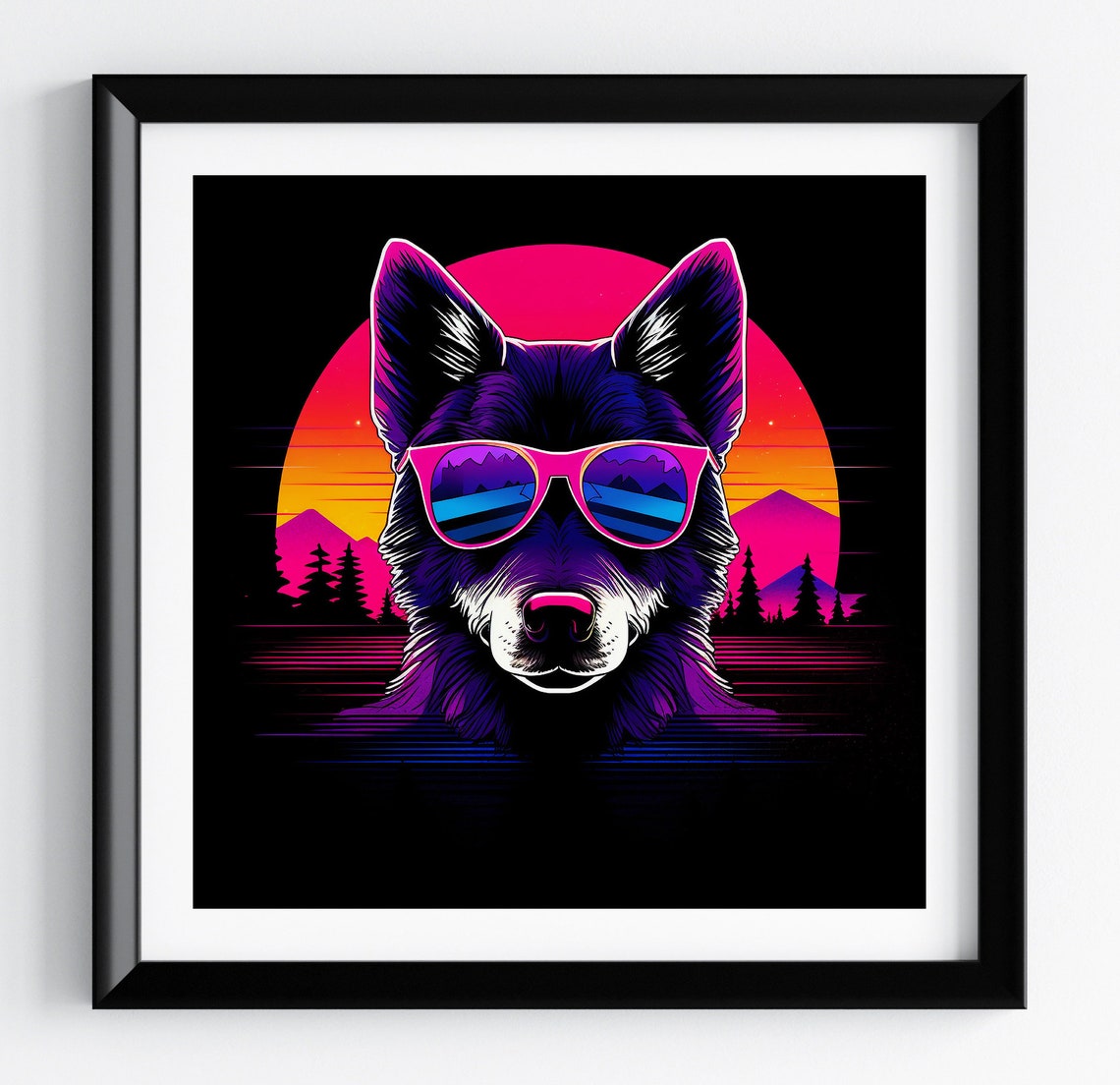 Siberian Husky Neon Sun Pine Forest Sunglasses Retro Dog Poster