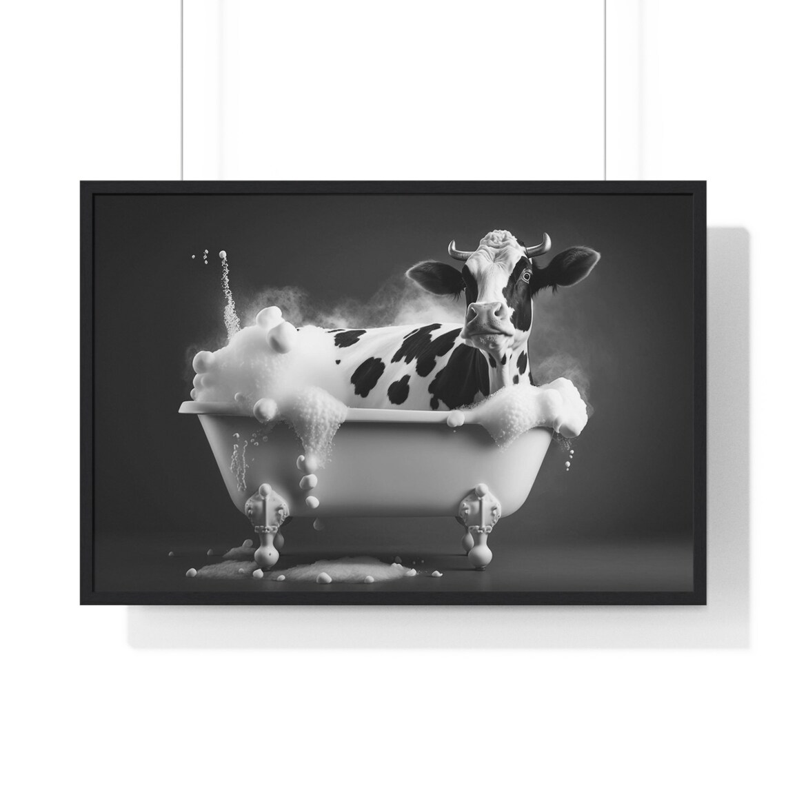 Cow In Bubble Bath Vintage Tub Black And White Bathroom Poster