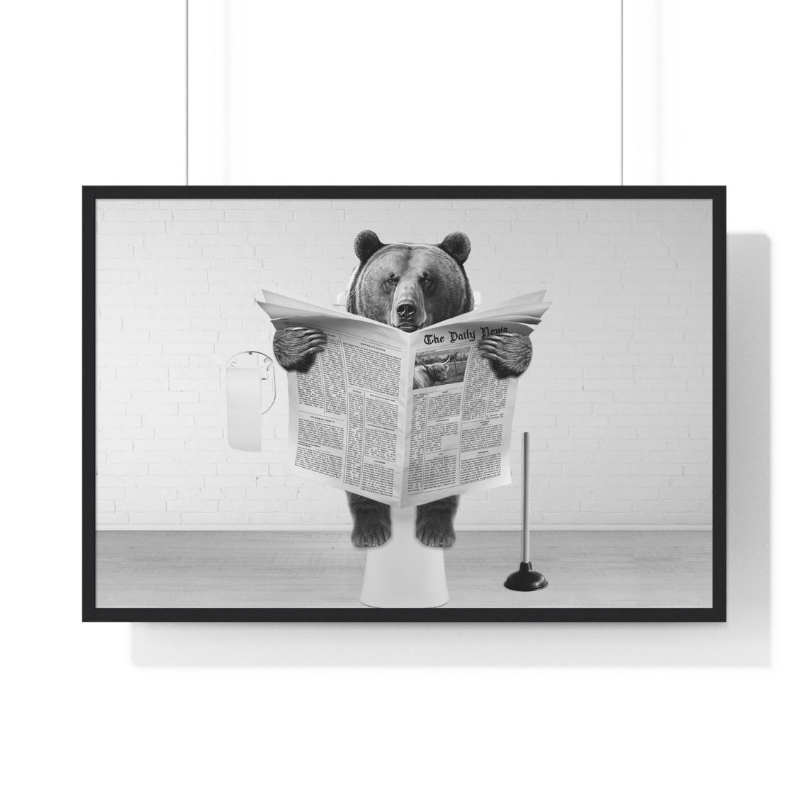 Brown Bear Reading Newspaper on Toilet Funny Horizontal Poster