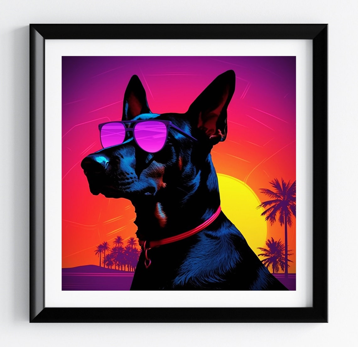 Doberman Pinscher Retro 80s Synthwave Sunset Pet Portrait Poster