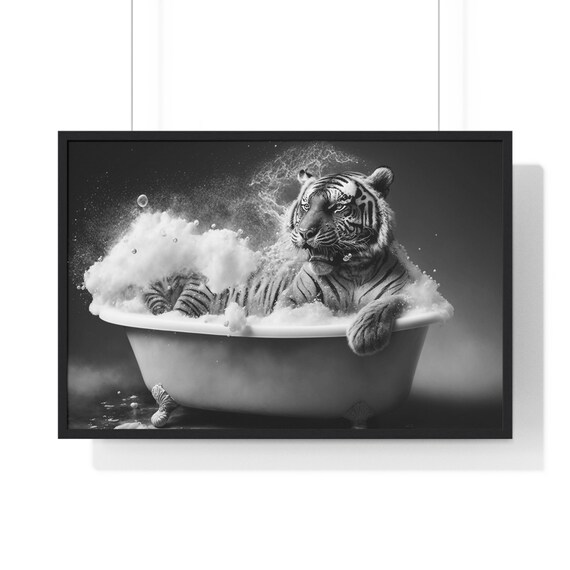 Tiger Relaxing In Bubble Bath Clawfoot Tub Black And White Poster