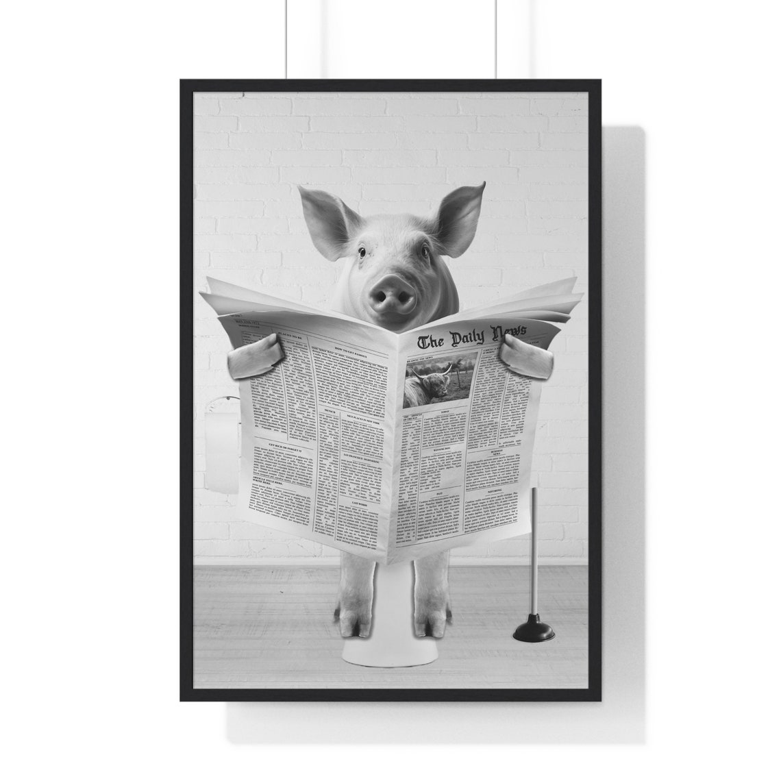 Cheerful Pig Reading Newspaper on Toilet Funny Bathroom Decor Poster