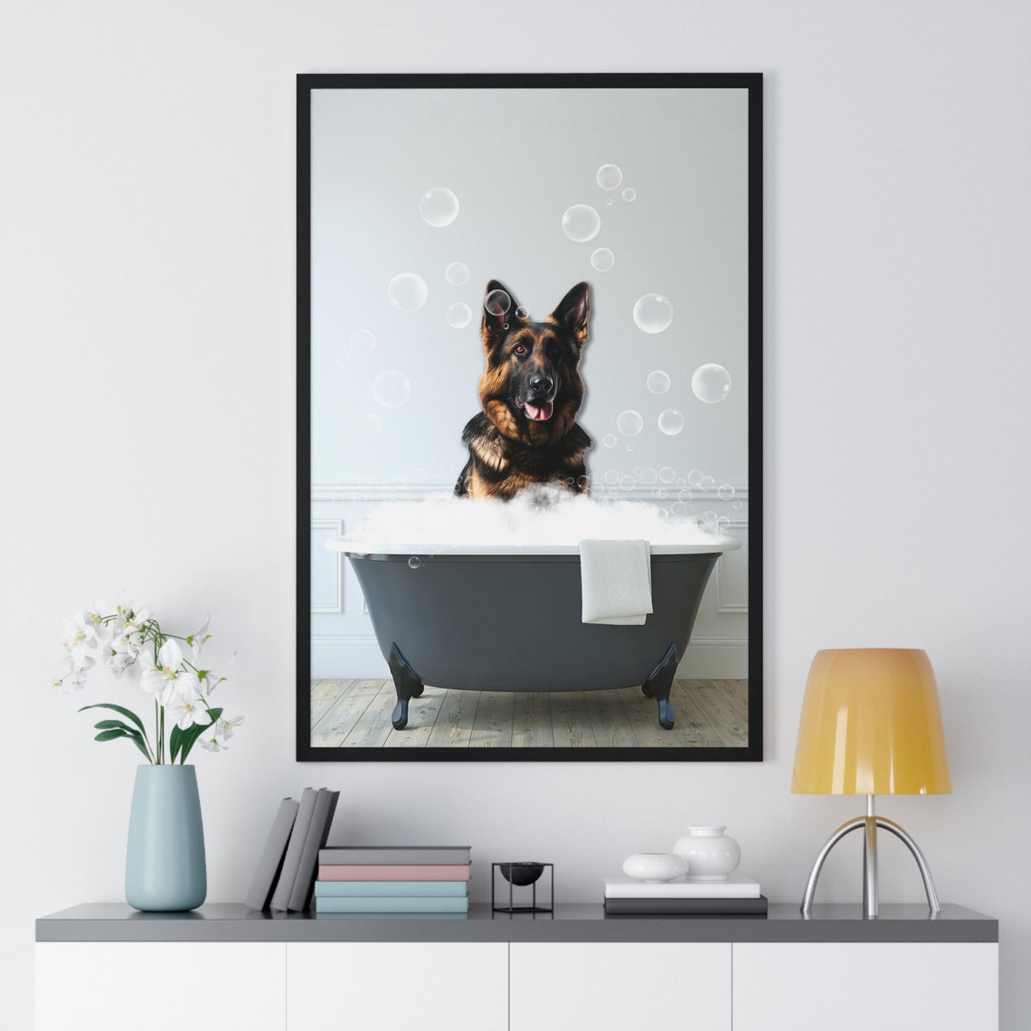 Happy German Shepherd Dog Enjoying a Bubble Bath Bathroom Poster - Image 2
