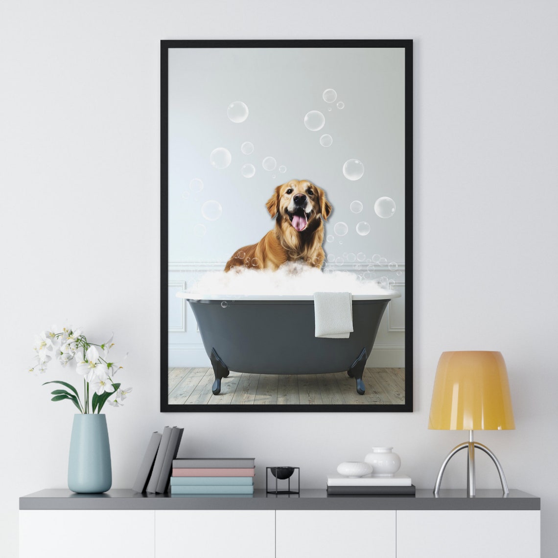 Smiling Golden Retriever Dog in a Clawfoot Bubble Bath Poster - Image 2
