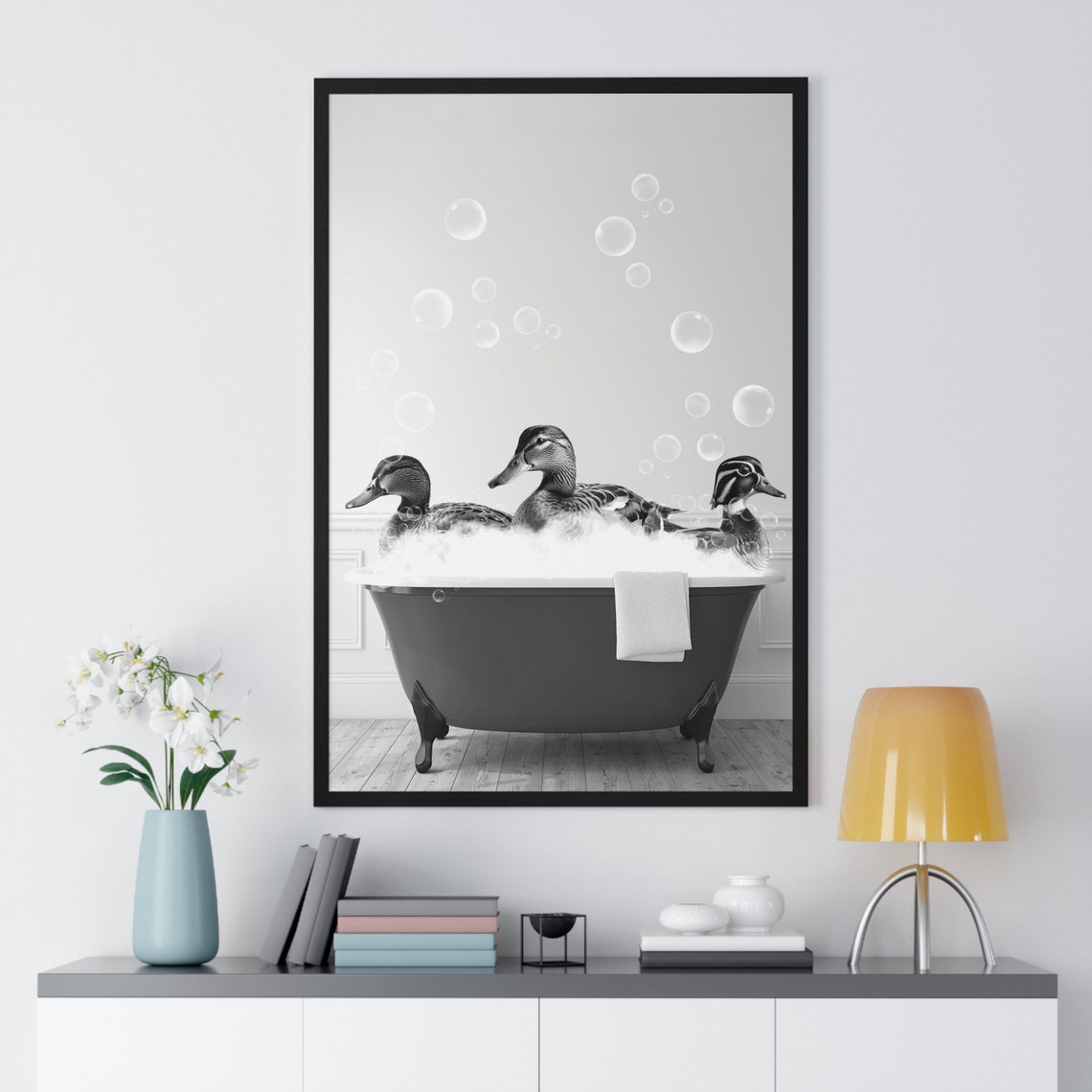 Three Ducks in Bubble Bath Black and White Funny Animal Art Poster - Image 2