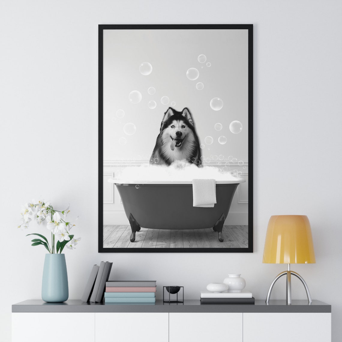 Malamute Dog Soaking In Bubble Bath Black And White Bathroom Poster - Image 2