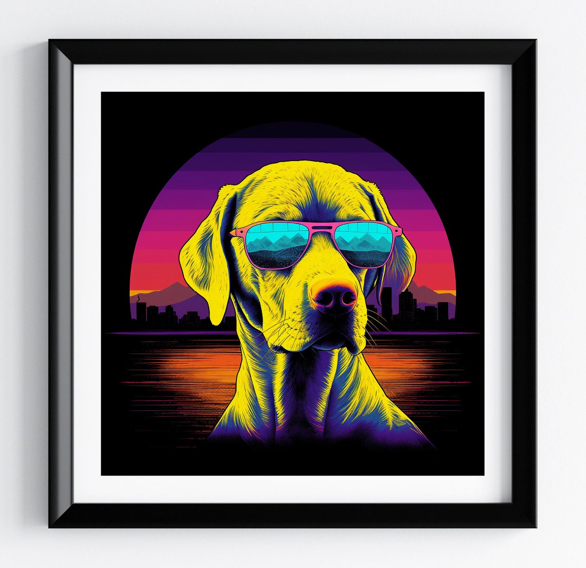 Yellow Labrador Purple Sunset Skyline Retro Dog Portrait Poster