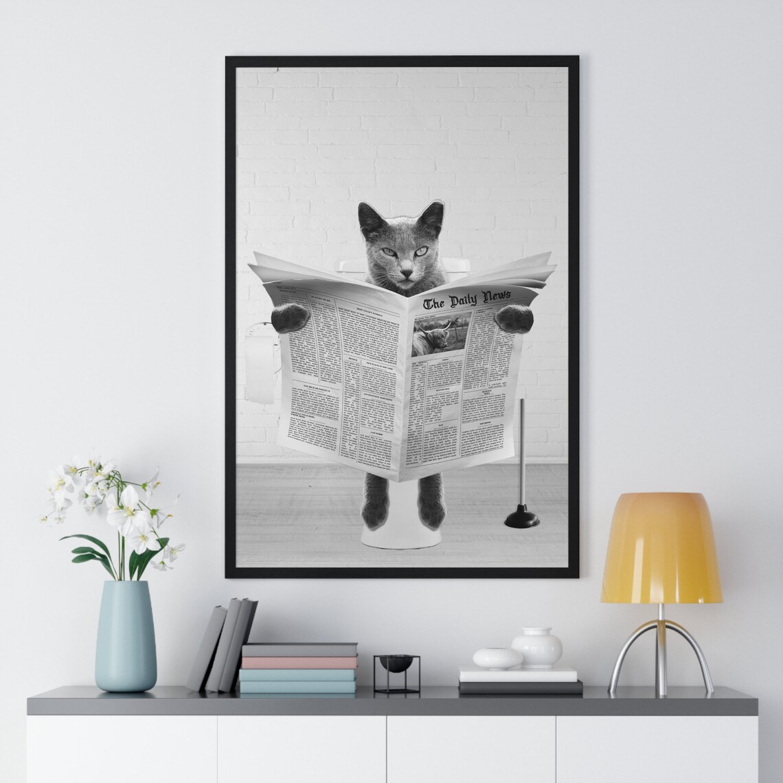 Funny Russian Blue Cat Reading The Daily News On The Toilet Poster - Image 2