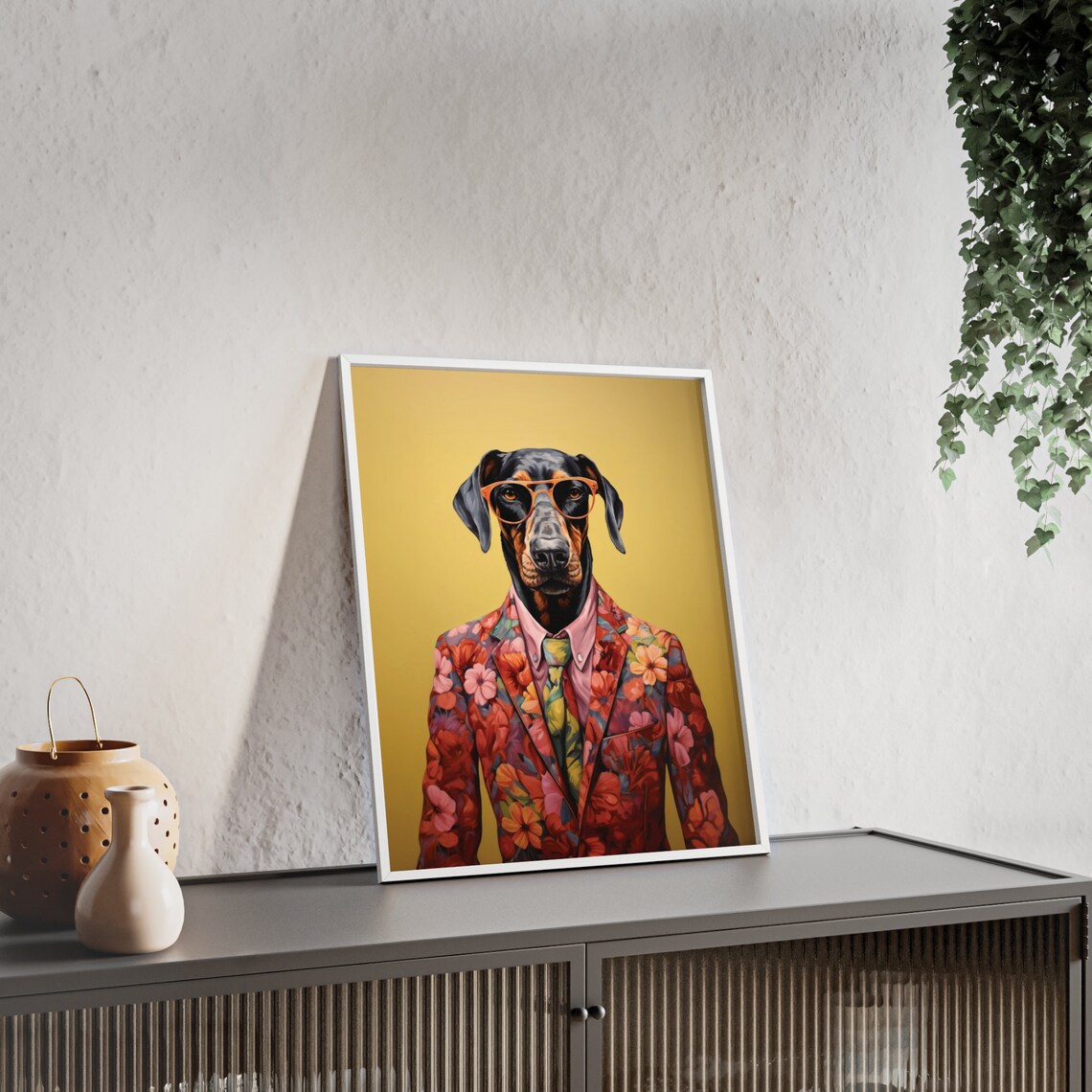 Sleek Doberman Pinscher Dog in a Red Floral Suit Portrait Poster - Image 2