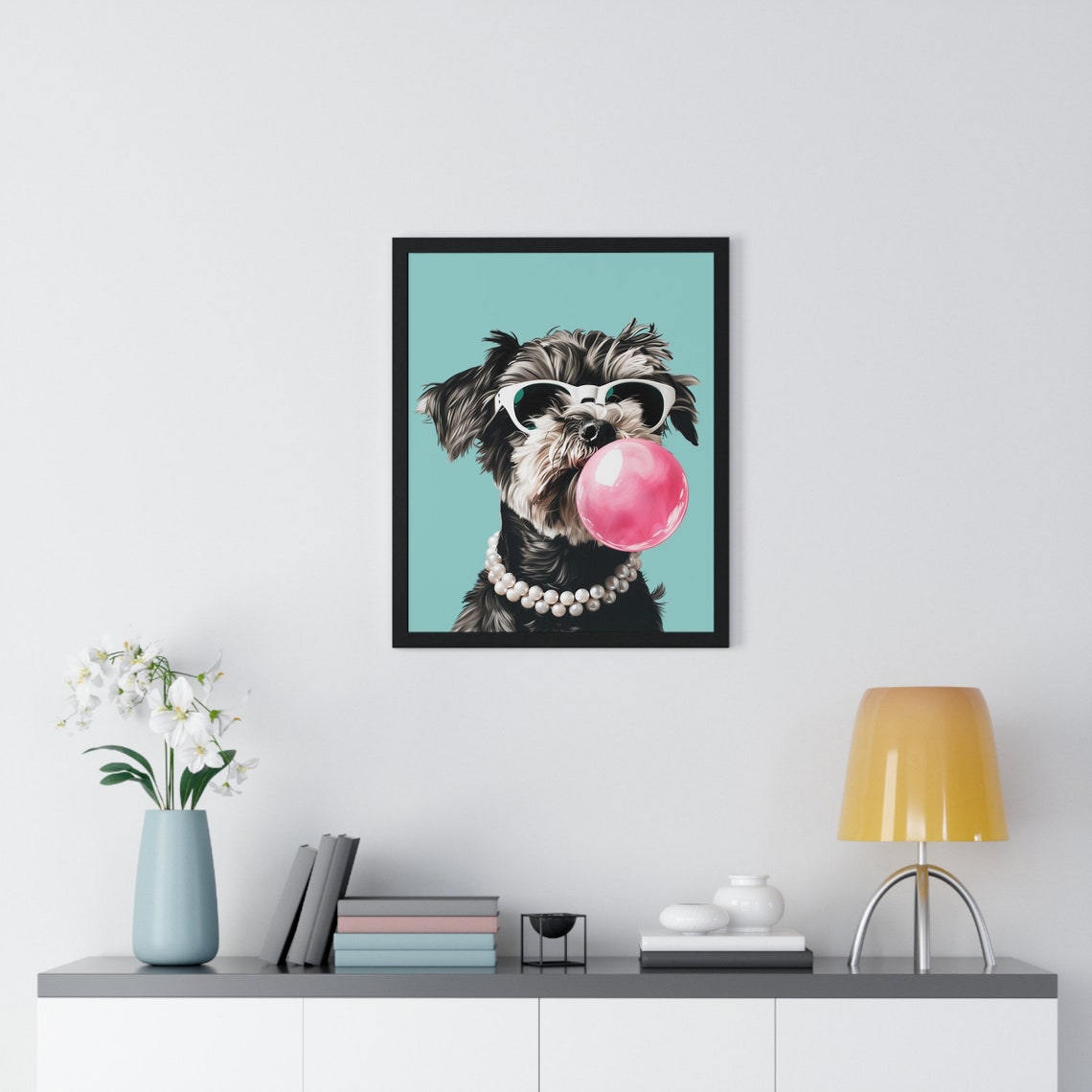 Schnauzer Blowing Bubble Gum Sunglasses Pearls Funny Dog Wall Art - Image 2