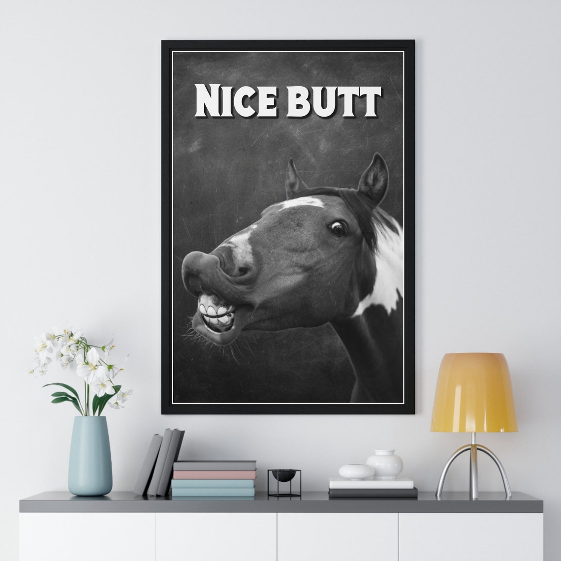 Black And White Laughing Horse Selfie Nice Butt Funny Bathroom Poster - Image 2