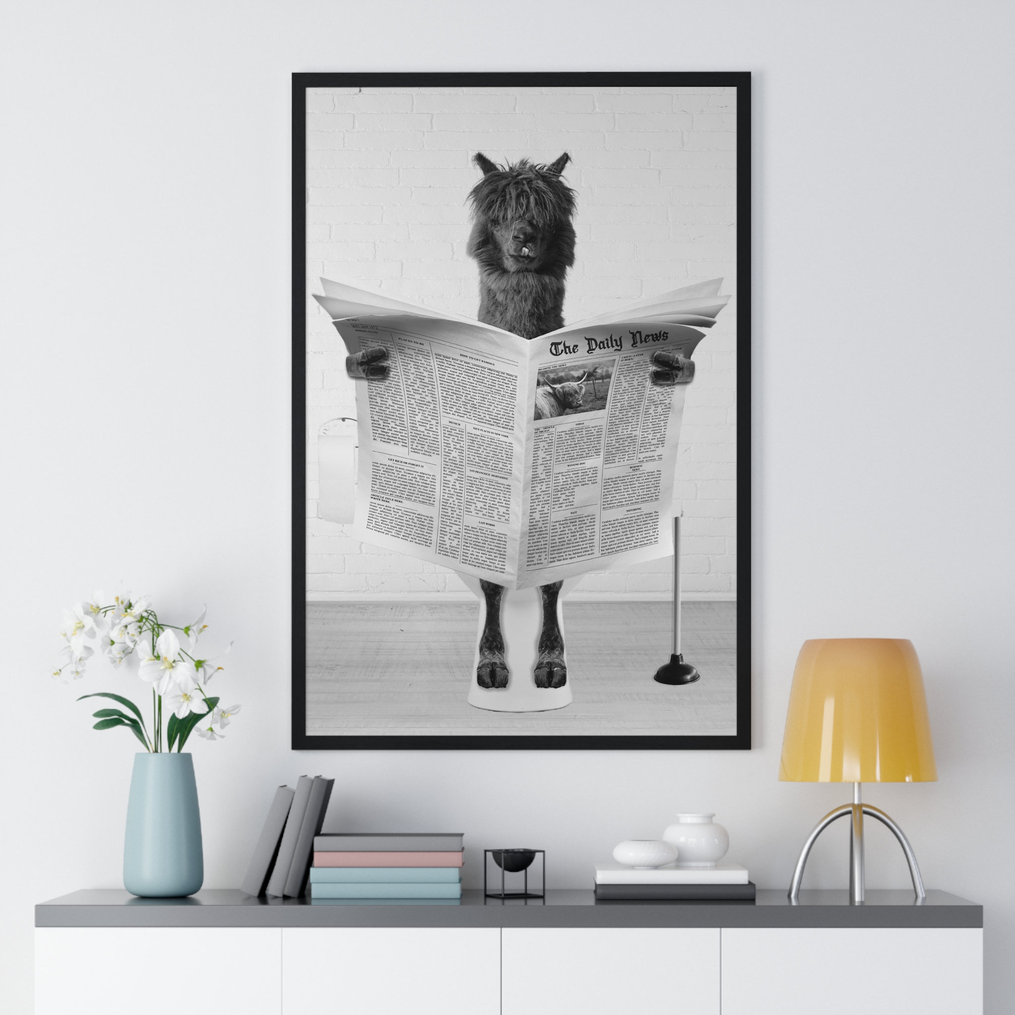 Alpaca Reading Newspaper On Toilet Funny Black And White Bathroom Poster - Image 2