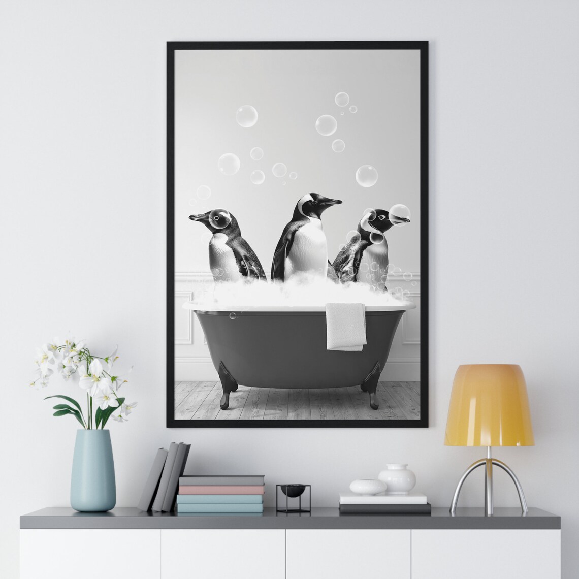 Three Penguins In Bubble Bath Clawfoot Tub Funny Bathroom Poster - Image 2
