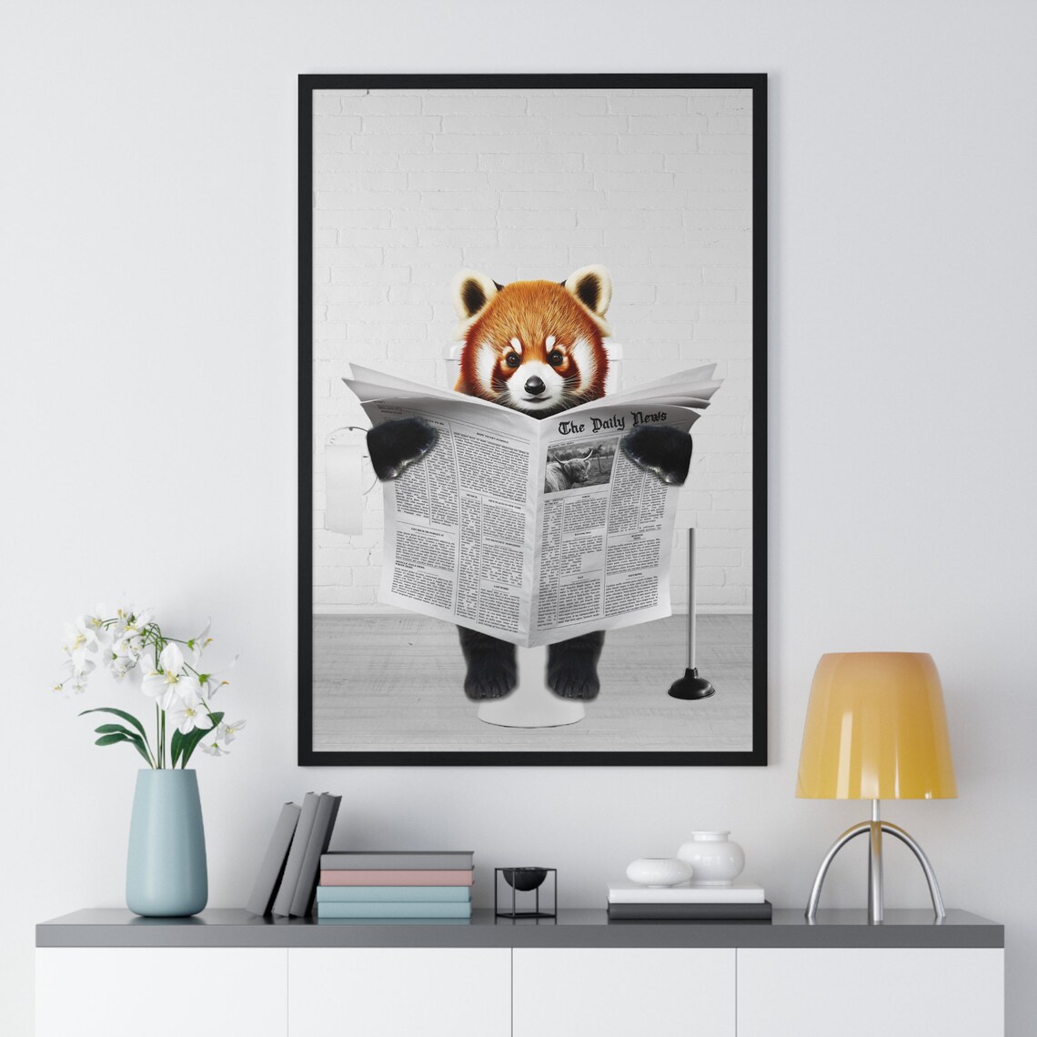 Red Panda Reading the News on the Toilet Funny Bathroom Poster - Image 2