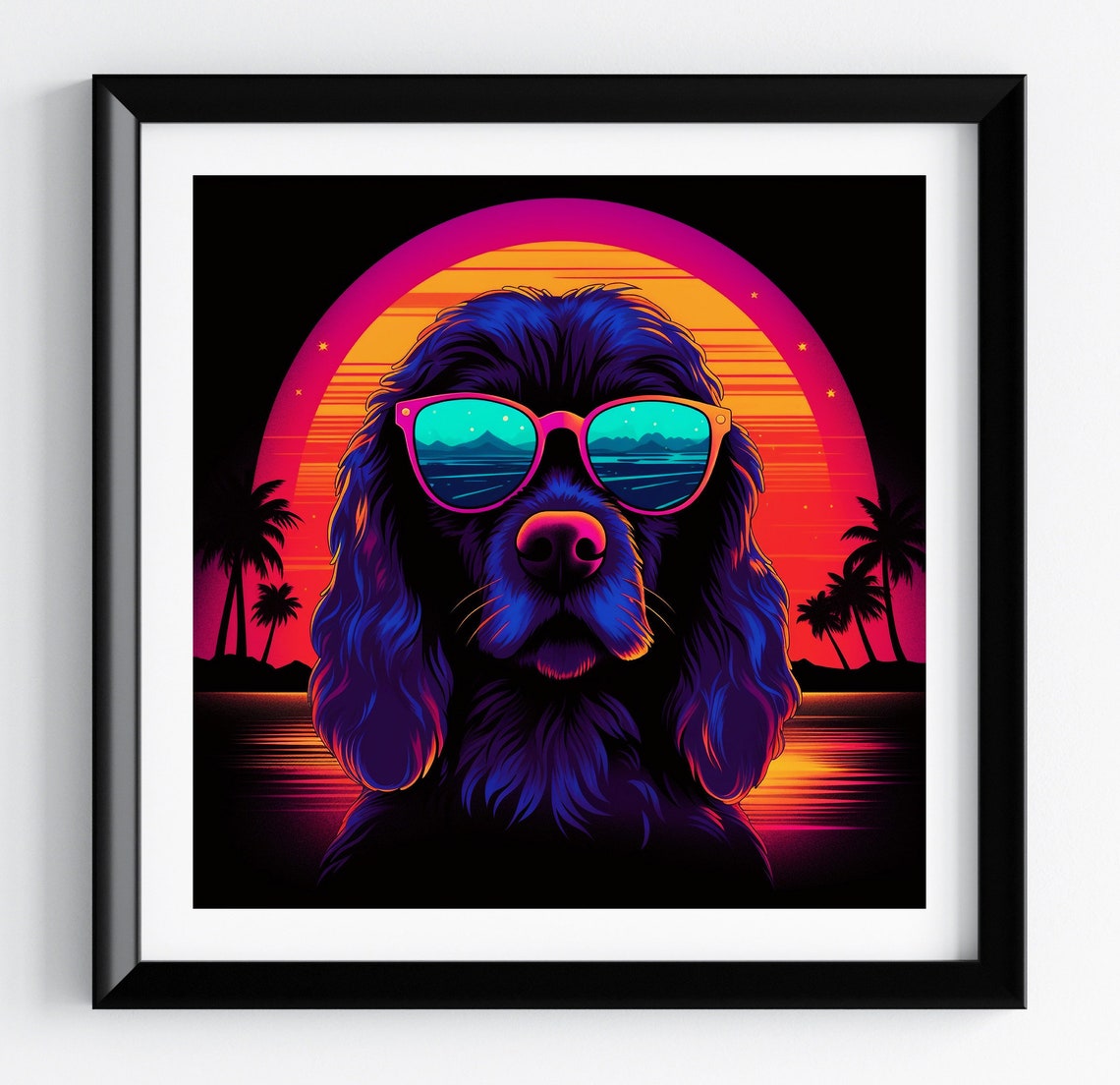 Cocker Spaniel Retro 80s Neon Synthwave Sunset Pet Portrait Poster