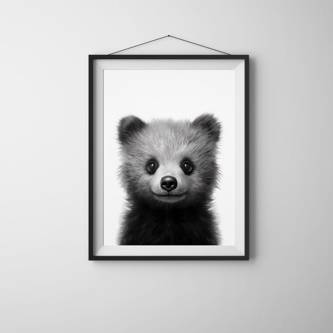 Smiling Bear Cub Nursery Art Aigenerated Monochrome Design