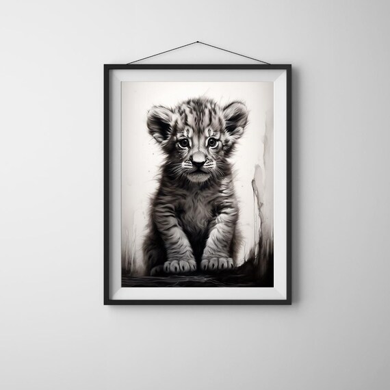 Baby Lion Cub Black White Watercolor Cute Wild Animal Nursery Art Poster