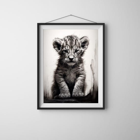 Lion Cub Poster Black And White Nursery Decor Art