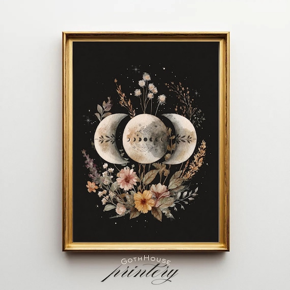 Floral Moon Watercolor Wall Art Botanical Lunar Phase Boho Witchy Decor Celestial Wicca Dark Academia