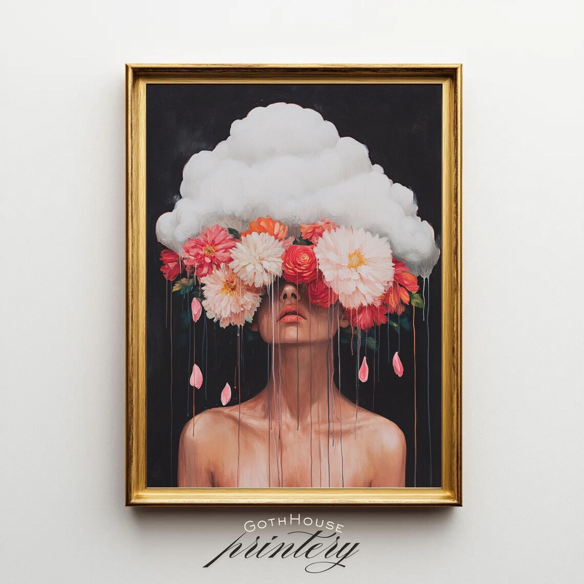 Surreal Woman with Cloud and Flowers Over Eyes Moody Portrait Print