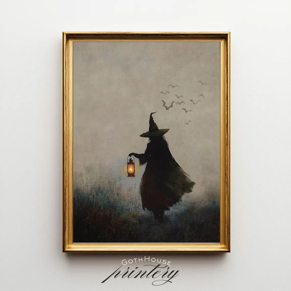 Witch With Lantern Print Halloween Wall Art Gothic Witchy Dark Feminine Academia Moody Autumn