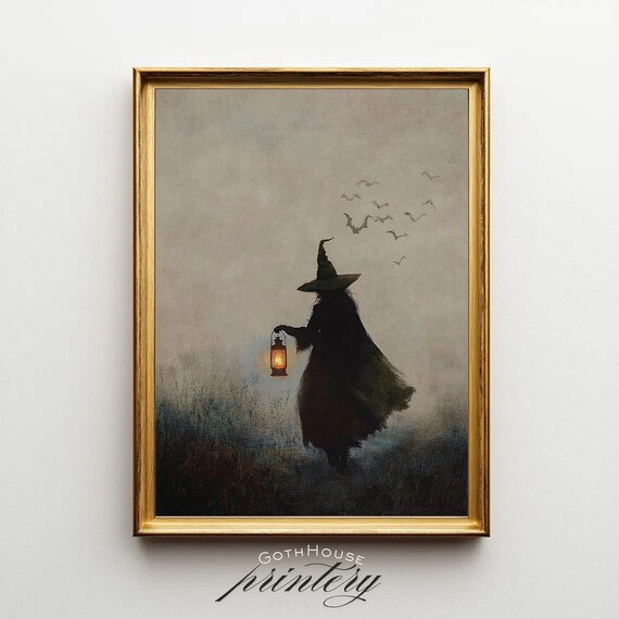 Witch With Lantern Print Halloween Wall Art Gothic Witchy Dark Feminine Academia Moody Autumn