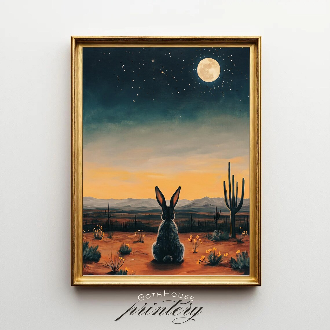Desert Bunny Art Print, Whimsical Moonlit Landscape