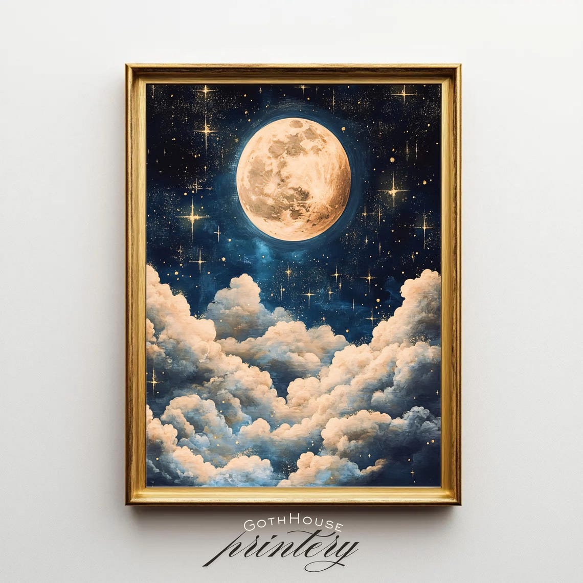 Full Moon Wall Art Celestial Night Sky With Glowing Stars Clouds Dreamy For Lovers Dark Academia Print