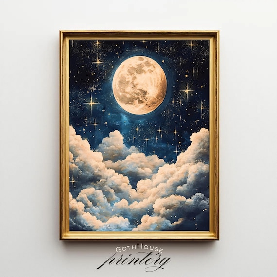 Full Moon Wall Art Celestial Night Sky With Glowing Stars Clouds Dreamy For Lovers Dark Academia Print