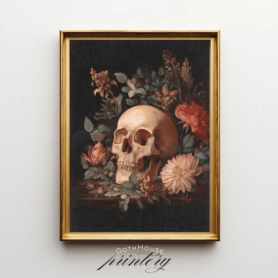 Floral Skull Art Gothic Wall Decor Neutral Botanical Print Dark Academia Vintage Macabre Halloween