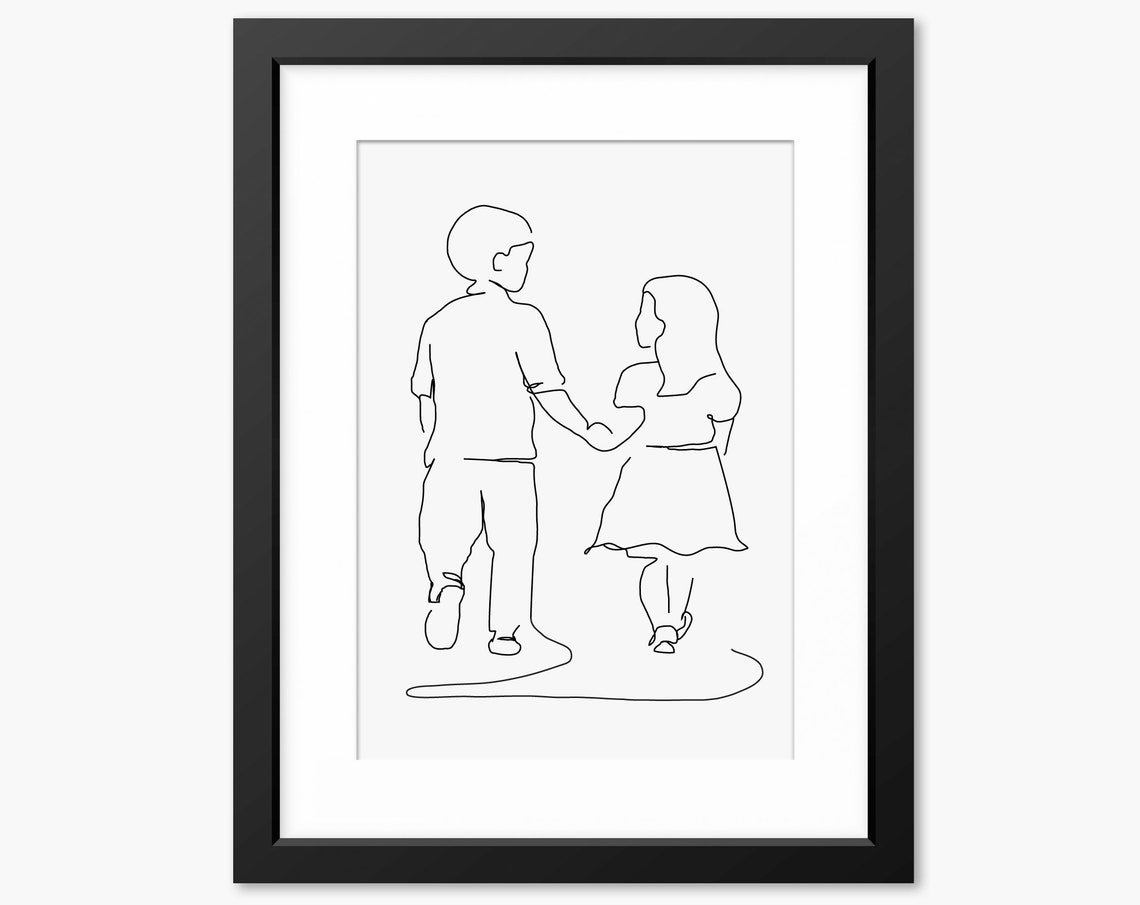 Brother And Sister Walking Holding Hands Line Drawing Art Poster