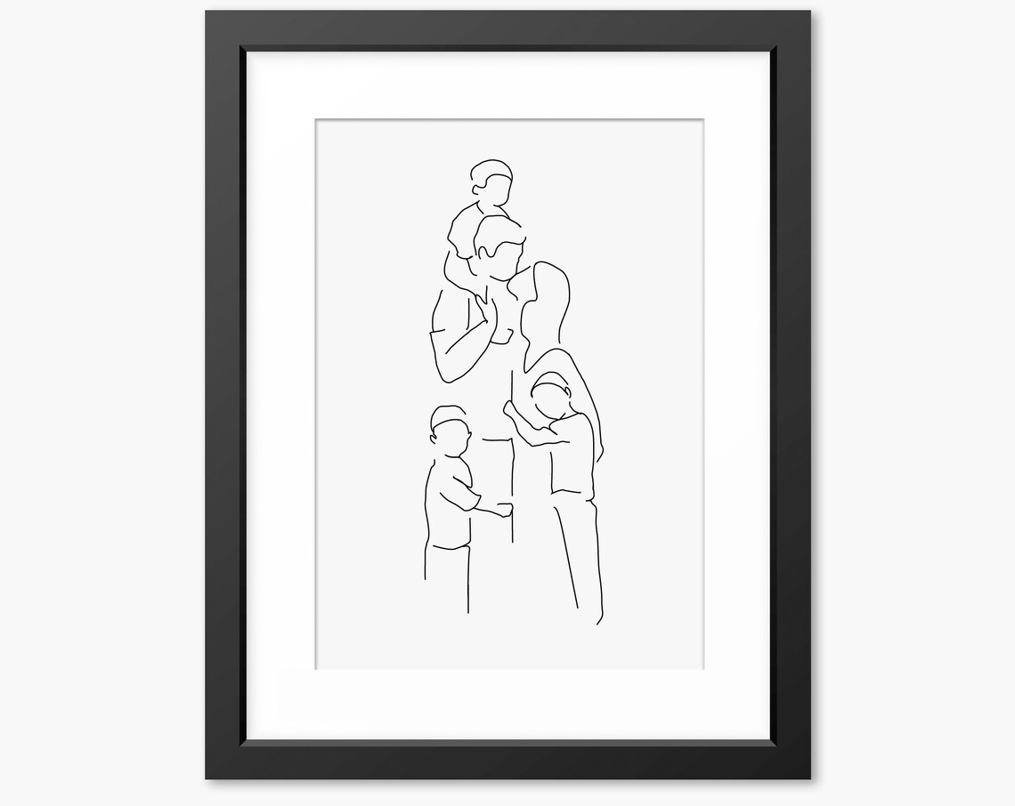 Family Of Five Sharing Warm Group Hug Minimalist Line Art Poster