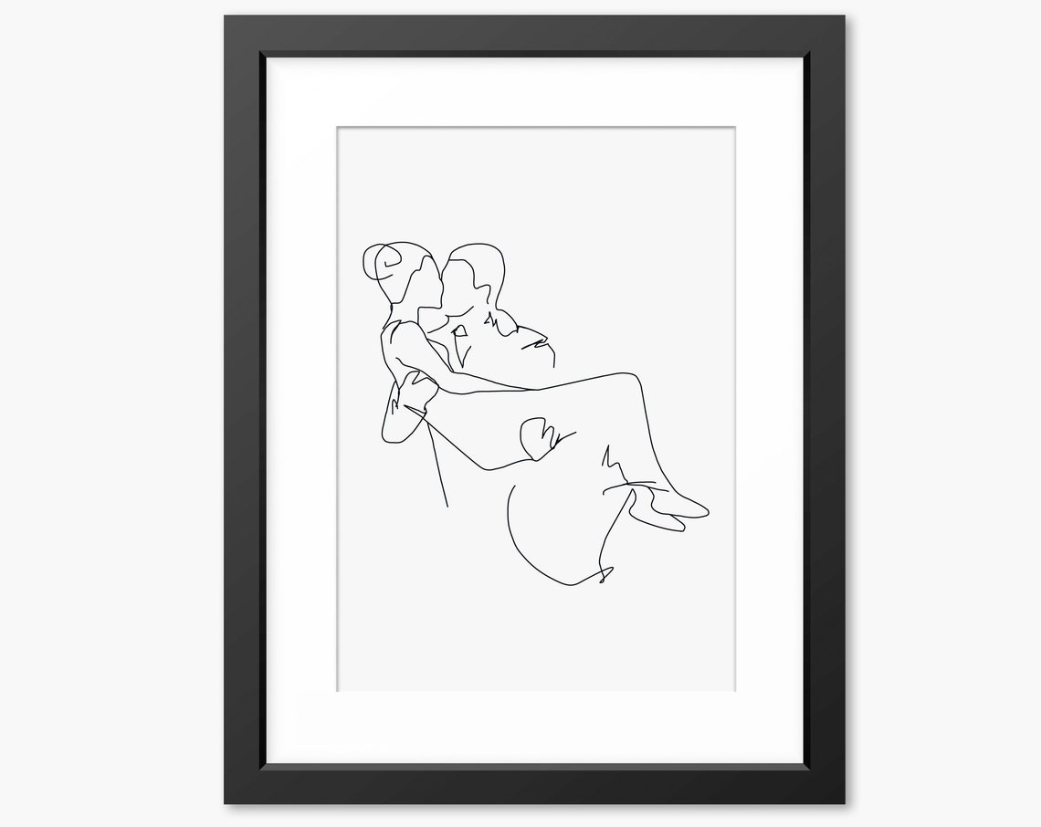 Embracing Couple Kissing Single Line Drawing Romantic Art Poster
