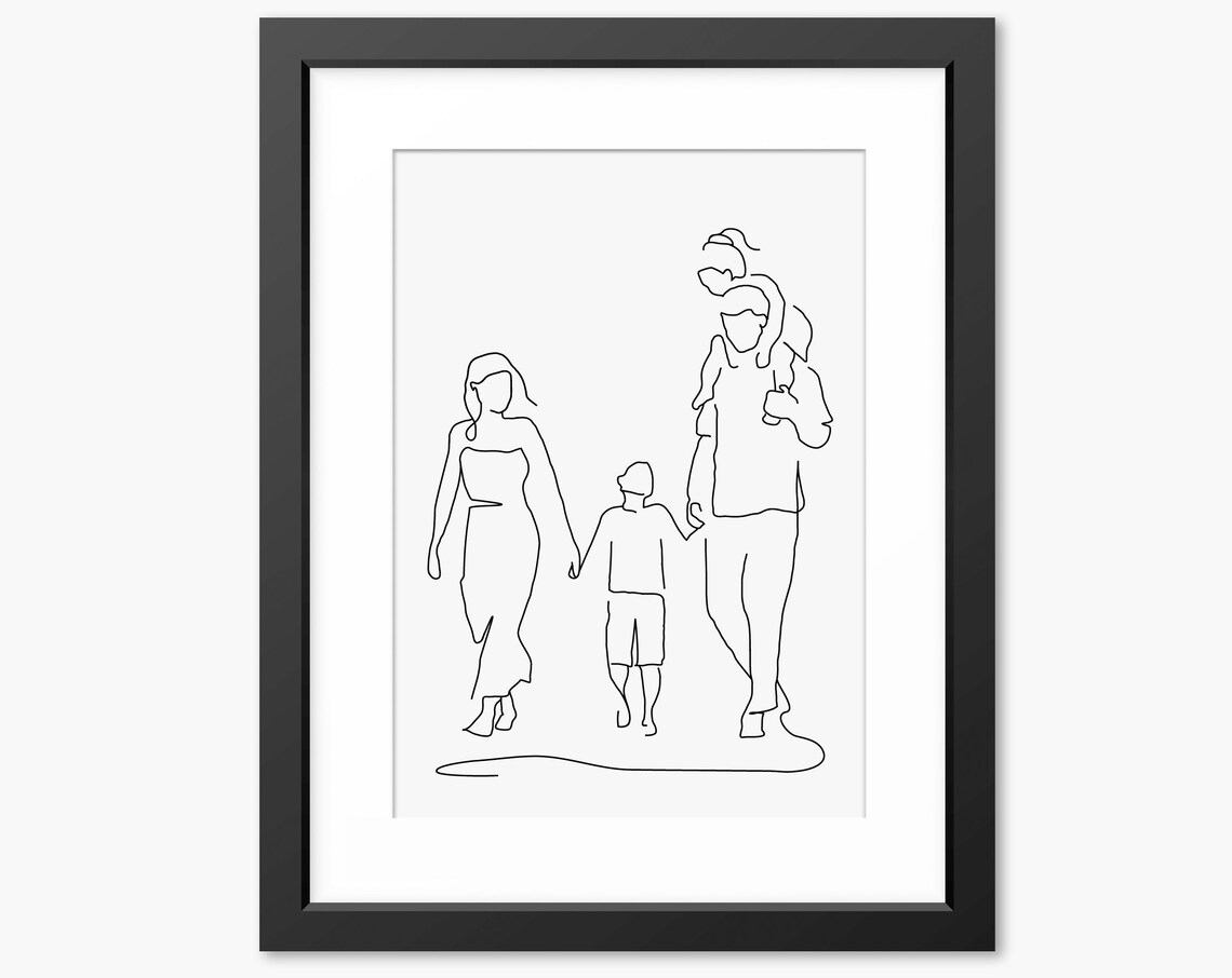 Parents And Two Children Walking Together Line Art Portrait Poster