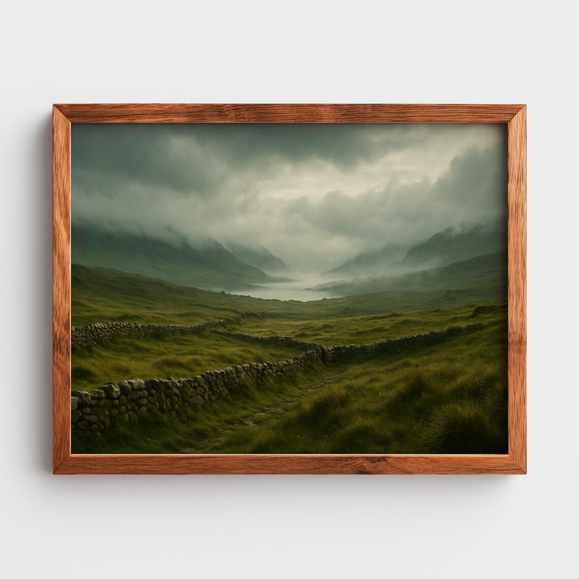 Misty Scottish Highlands Green Valley Stone Walls Moody Nature Poster