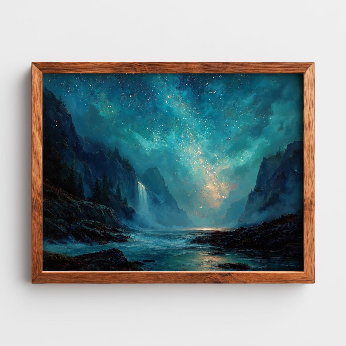 Mystical Night Sky Waterfall Enchanted Landscape Art Glowing Celestial Scene Starry Decor Wall Painting 211