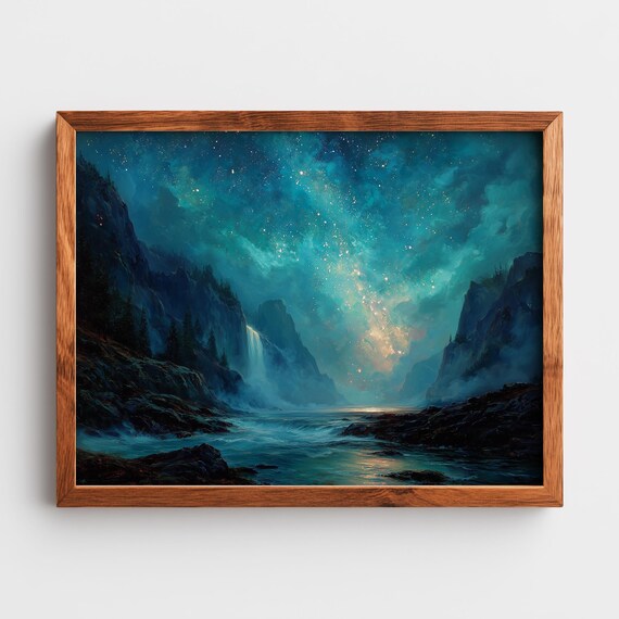 Mystical Night Sky Waterfall Enchanted Landscape Art Glowing Celestial Scene Starry Decor Wall Painting 211