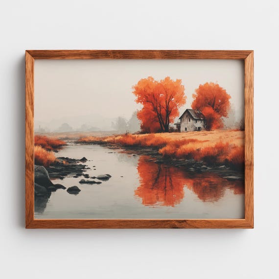 Rustic Riverbend With Scarlet Trees Watercolor Cozy Countryside Art Reflecting Water Scene Small Cottage Decor 301
