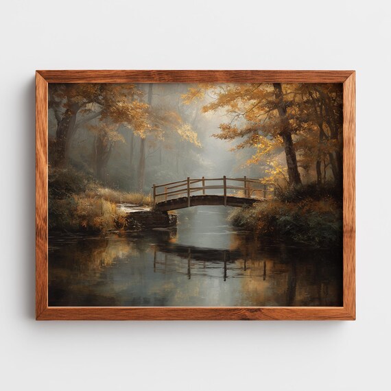 Secluded Wooden Bridge Over Misty Creek Moody Autumn Landscape Art Rustic Fall Scene Wall Decor 249