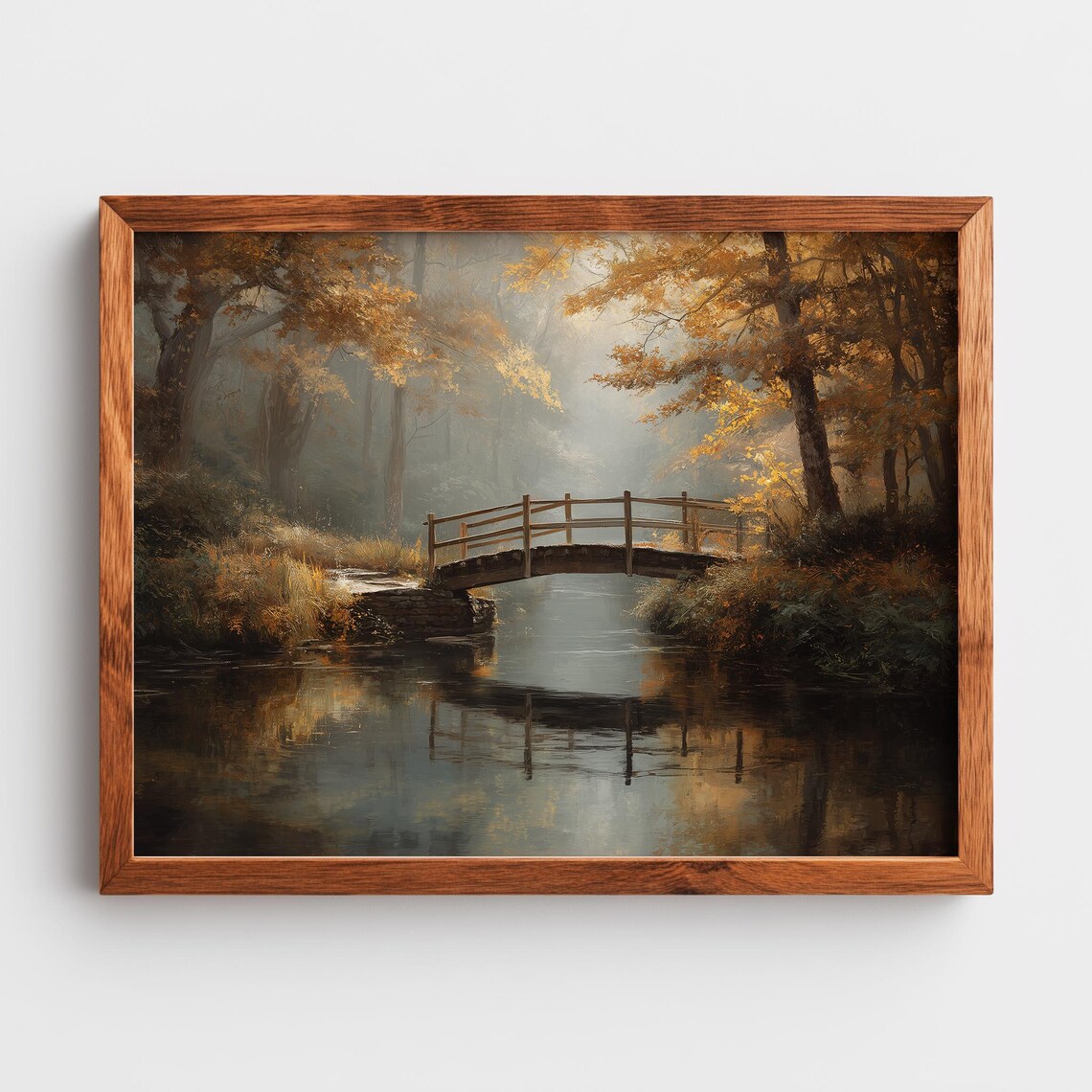 Secluded Wooden Bridge Over Misty Creek Moody Autumn Landscape Art Rustic Fall Scene Wall Decor 249