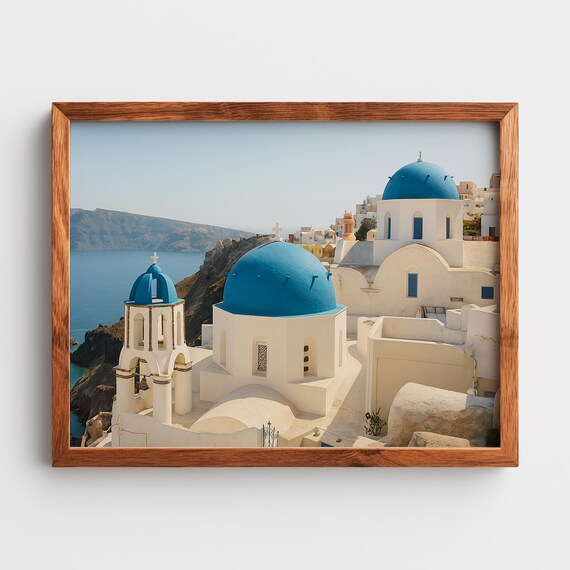 Santorini Greece Blue Domed Churches Whitewashed Village Photo Poster