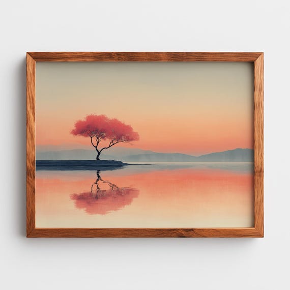 Minimalist Watercolor Art Single Tree In Tranquil Landscape Pastel Sunset Serene Wall Decor Earthy Rustic Painting 198