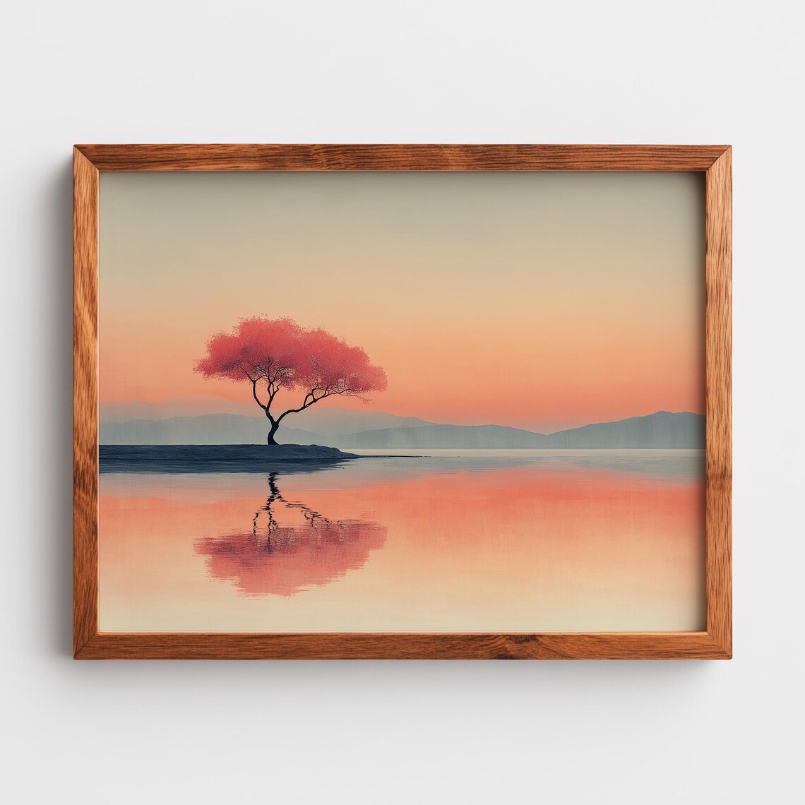 Minimalist Watercolor Art Single Tree In Tranquil Landscape Pastel Sunset Serene Wall Decor Earthy Rustic Painting 198