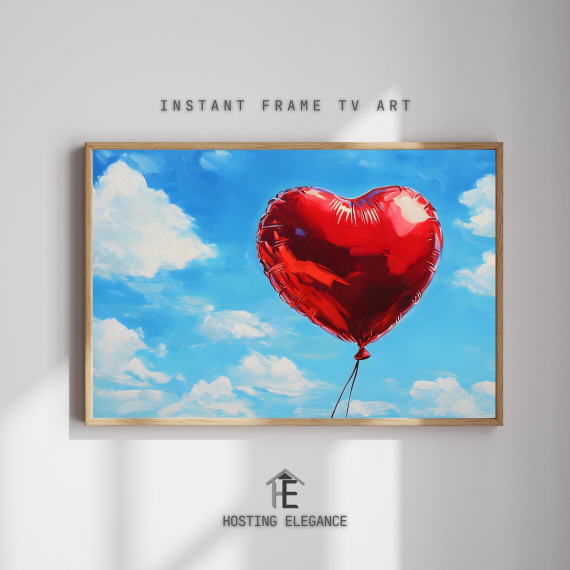 Red Heart Balloon Blue Cloudy Sky Romantic Valentine Love Art Poster
